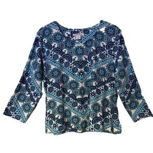 Allison Daley T-Shirts Women’s Floral Embellished Blue White 3/4 Sleeve Sz L